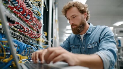 Server Technician at Work: A skilled technician diligently works on a laptop amidst the complex network infrastructure, ensuring seamless connectivity and efficient data flow in the server room. - Powered by Adobe