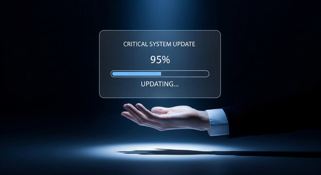 Hand reaching out to support a glowing digital progress bar showing system update completion - Powered by Adobe
