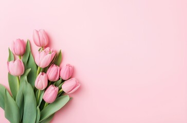Fototapeta premium Pink tulips bouquet creating a corner border on a pastel pink background, offering ample copy space for design