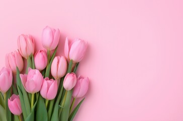 Fototapeta premium Pink tulips in a fresh spring bouquet, creating a gentle floral background with blank space for text