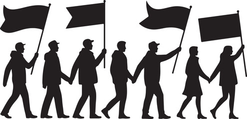 Silhouettes of people holding hands and flags marching