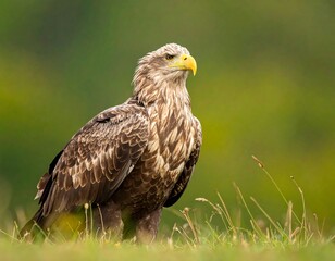 Obraz premium Regal raptor with yellow beak perched on grassy knoll, focused stare