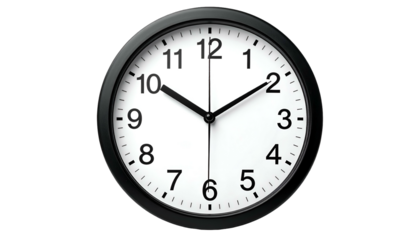 A simple, round wall clock with a black frame showing the time at ten past two