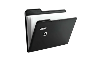 Black leather file folder opened revealing white paper. Clean studio lighting. Isolated on black