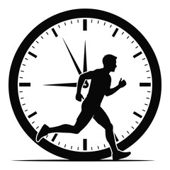 Silhouette of an athletic man running quickly across the face of a large clock emphasizing speed and time management on white background