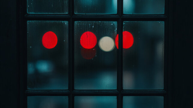 Blur bokeh night city window background texture light glass urban abstract rain wet reflection street defocused soft dark moody evening foggy drizzle drop pane frame pattern glow red white blue - Powered by Adobe
