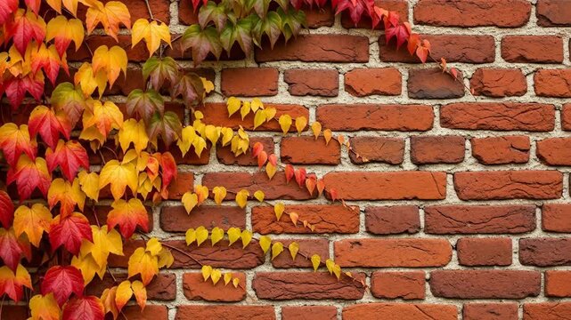 Close-up shot of a textured brick wall with colorful autumn leaves climbing up the surface.
