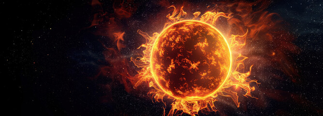 Burning Sun: Witness the raw power of the universe as a blazing sun radiates with intense energy in the vast expanse of space, surrounded by cosmic fire.