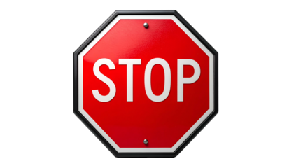 A classic red octagonal road sign with white text, mounted on a black background