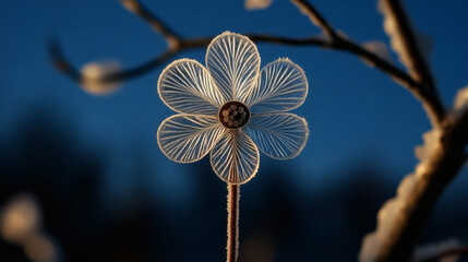 Frost flower macro winter background, radial petal texture pattern, ice crystal detail decorative nature art at dawn sky, delicate frozen plant fantasy minimal