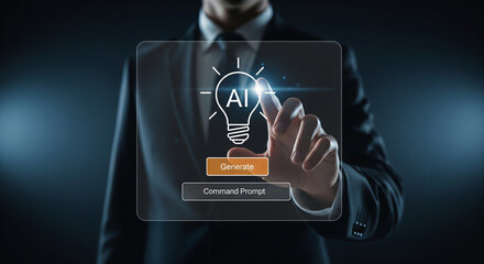 Businessman interacting with a glowing AI lightbulb interface, symbolizing innovation and new ideas.