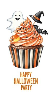 Cute Halloween Cupcake With Ghost Witch Hat and Bat White Background
