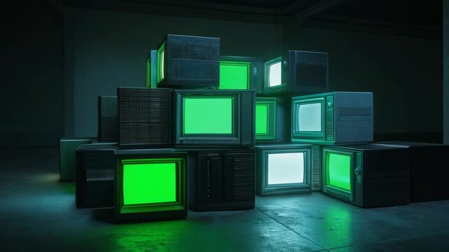 Vintage televisions stacked artistically with green glowing screens in a modern urban setting