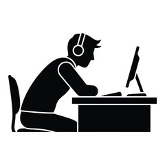 Silhouette icon depicting a focused person wearing headphones sitting intently at a desk with a computer monitor on white background