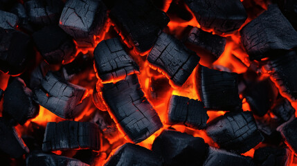 Glowing charcoal background texture with burning ember coal, dark carbon surface and fiery heat detail creating dramatic flame energy and intense cooking fire pattern