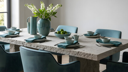 Elegant table setting with muted teal accents, featuring flowers in a vase, limes, ceramic dinnerware, and textured dining table