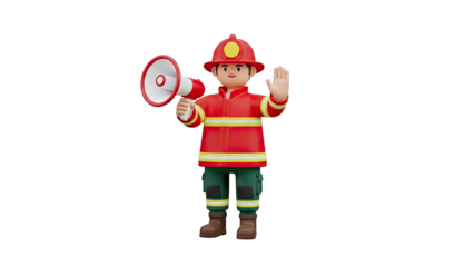 3D Firefighter with Megaphone and Raised Hand on transparent background