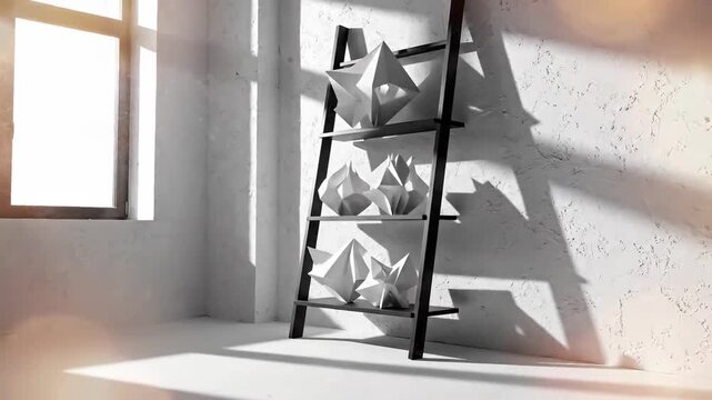 Geometric Art Displayed on Ladder Shelves Bathed in Natural Light, Interior Focus