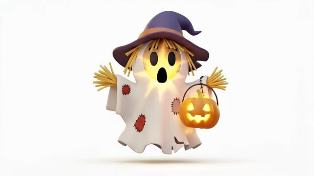 Cute Halloween Scarecrow Ghost Character Holding Jackolantern With Purple Hat