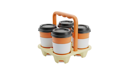 3D Four coffee cups in a carrier on transparent background