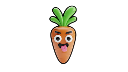 3D Funny cartoon carrot sticking out tongue on transparent background