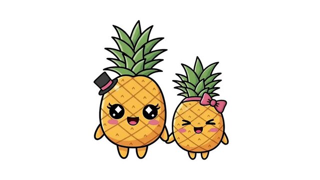 Cute Kawaii Couple Pineapple Characters Holding Hands Animated