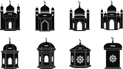 Islamic architecture and donation box silhouettes featuring mosque domes, minarets, and crescent moons for religious charity vector content. © Rayhan
