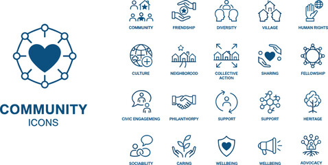 PrintCommunity icons illustration set, friendship diversity neighborhood vector graphic, social engagement design outline icon, collective caring sketch art, civic support pattern