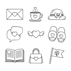Cute romantic line icon set with heart theme and lifestyle elements
