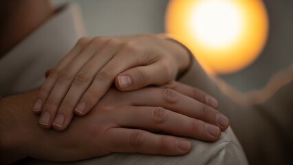 Two pairs of hands gently resting on each other, illuminated by a soft, warm, out-of-focus light source.
