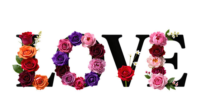 Colorful roses arranged to spell the word love