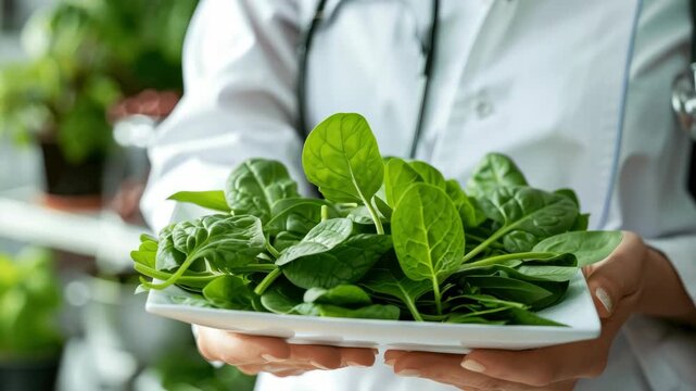 Doctor holding plate of fresh leafy spinach in clinic