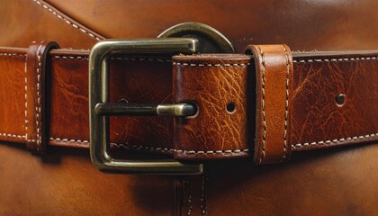 Close-up of a brown leather belt with brass buckle and stitching