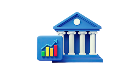 3D Bank Building and Growth Chart on transparent background