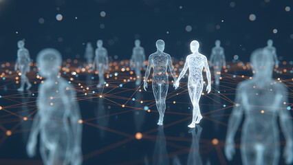 Illuminated network graph with connected nodes and human icons defocused dark background symbolizing recruitment social connections glowing figures display futuristic, *Futuristic Corporate Collaborat