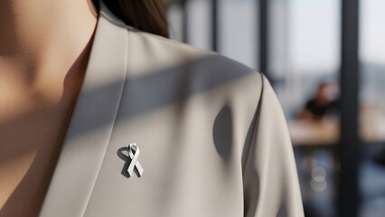 Woman wearing a gray blazer with a metallic silver awareness ribbon pin on the lapel, symbolizing support for a cause.