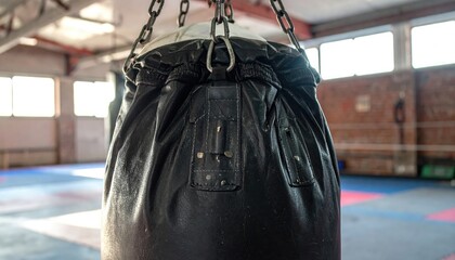Close-up of a well-used black punching bag hanging from a chain