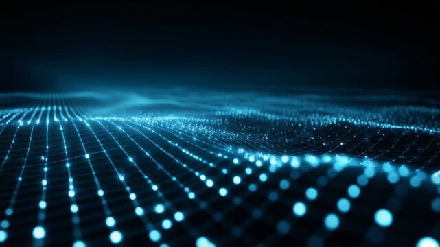 Stunning digital landscape with glowing blue grid and light particles for technology themes