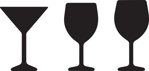 Stemware Icon Set Silhouettes Martini Glass Rounded Wine Glass and Tall Narrow Wine Glass Vector Illustration