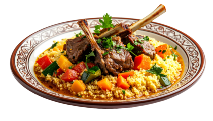 Grilled lamb chops atop couscous with colorful vegetables, served on a patterned plate