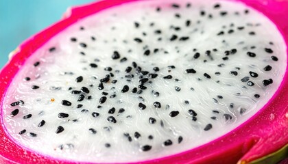 Obraz premium Close-up of a halved exotic fruit, showing vibrant pink skin and speckled white flesh