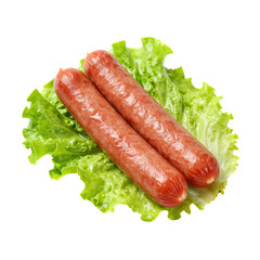 Two grilled sausages on a bed of fresh lettuce