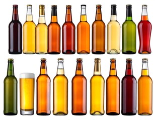 Assorted bottles and a glass filled with different-colored beverages