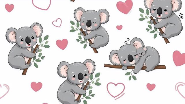 Cute Koala Bear Pattern With Pink Hearts On White Background Motion Graphic