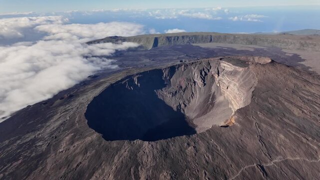 Main Crater of Pic de la Fournaise, an active volcano in R&eacute;union Island, a French overseas department and region, in the Indian Ocean.