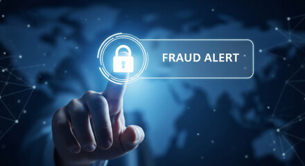 Finger pressing digital screen displaying a fraud alert notification with a padlock icon.