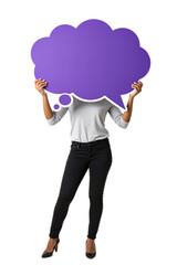 Woman holding a large purple thought bubble