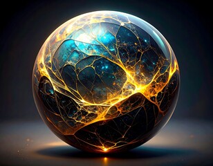 A spherical, glowing object with cracks, displaying celestial blues and golden energy within