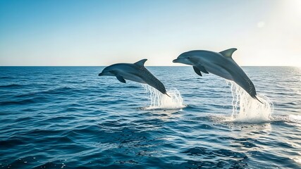 Fototapeta premium Dolphins jumping out of ocean water at morning.