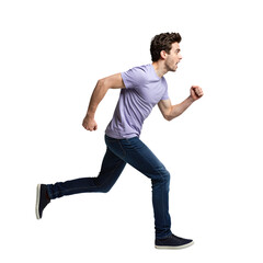 Young man running in jeans and sneakers